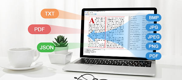 Accepts common formats (JPG, PNG, PDF) and exports as structured JSON, TXT, or a searchable PDF.