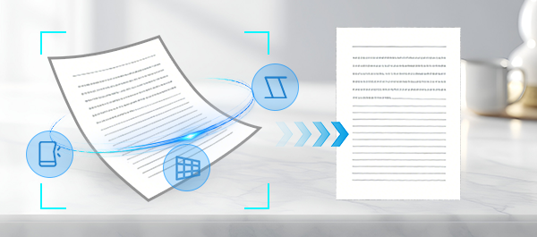 Corrects skew, perspective, and curved pages, then detects edges and removes extra background automatically.