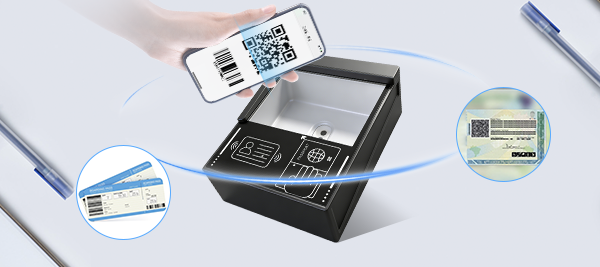 Scanner integrado de alta precisão para cartões de embarque com código de barras estendido, QR codes em documentos e telas de dispositivos móveis, com supressão de interferência NFC para maior estabilidade.