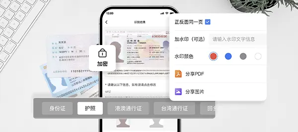 护照、通行证、身份证等智能管理,添加水印,导出PDF、图片、长图,轻松分享更安全,支持加密保护,安全升级